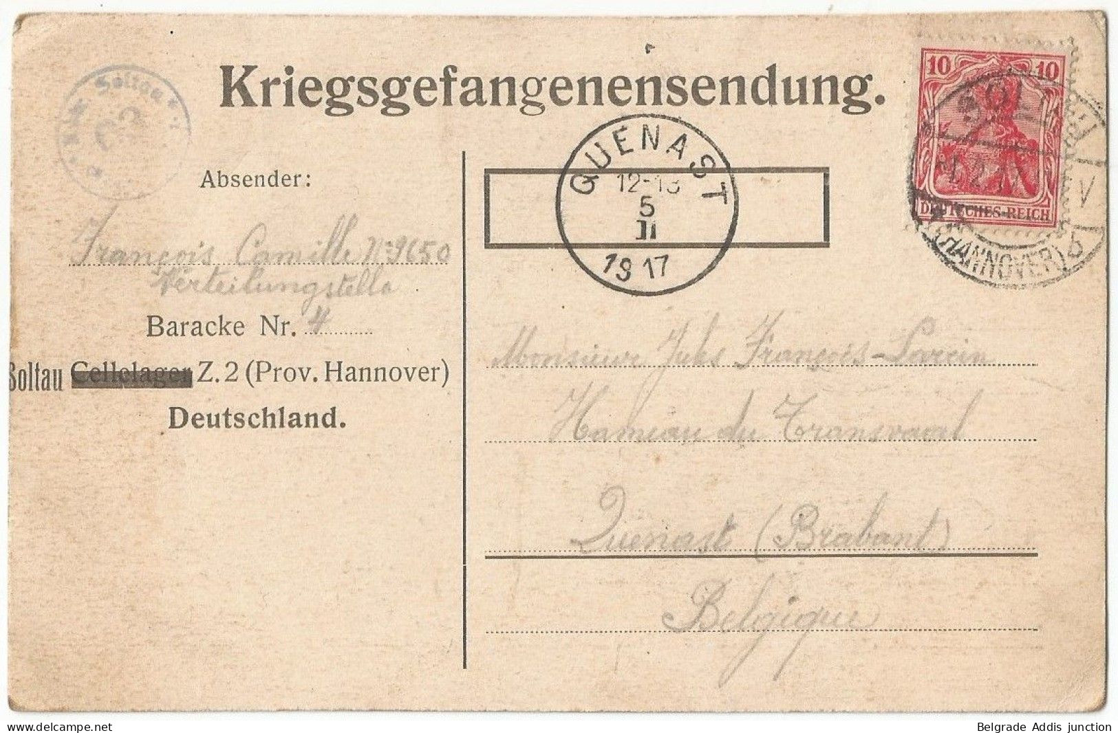 Belgique Belgie Allemagne WWI Carte Postale Prisonnier Belge Soltau Deutschland 1917 Kriegsgefangenensendung Geprüft - Prisonniers