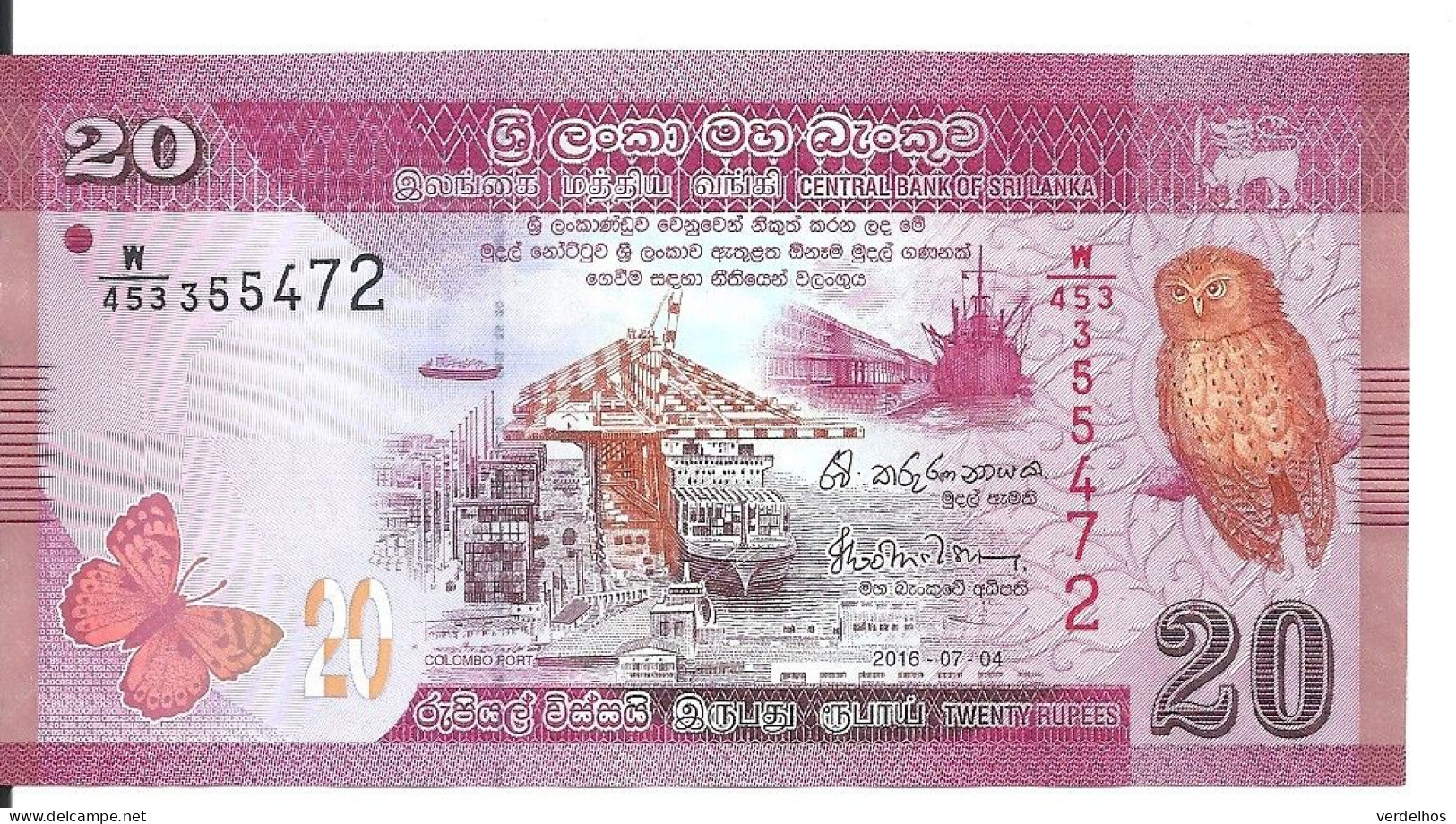 SRI LANKA 20 RUPEES 2016 UNC P 123 E - Sri Lanka