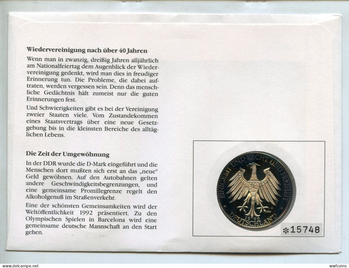 GERMANIA MEDAGLIA ARGENTO 999 P.20g UNIONE EST E OVEST DEUTSCHE WAHRUNGSUNION 3-10-1990 - Otros & Sin Clasificación