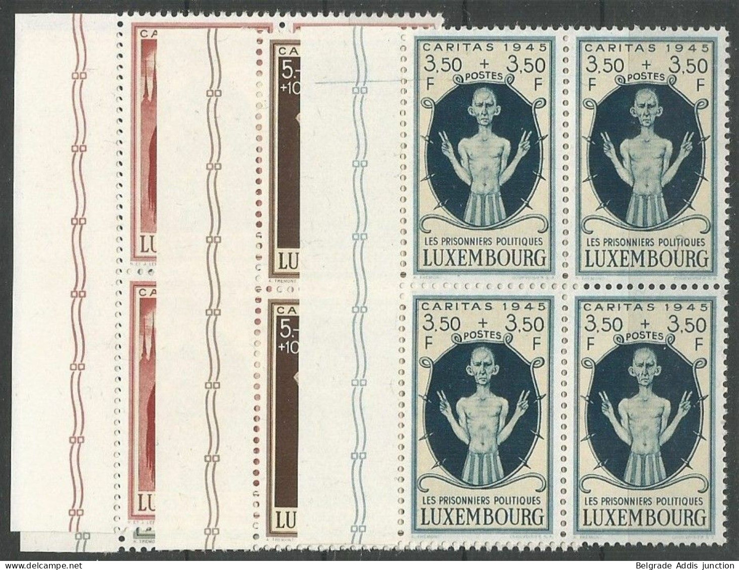 Luxembourg Luxemburg Mi.395/98 En Blocs De 4, Mi.397 Avec Variété Constante Plattenfehler MNH / ** 1945 Caritas - Abarten & Kuriositäten