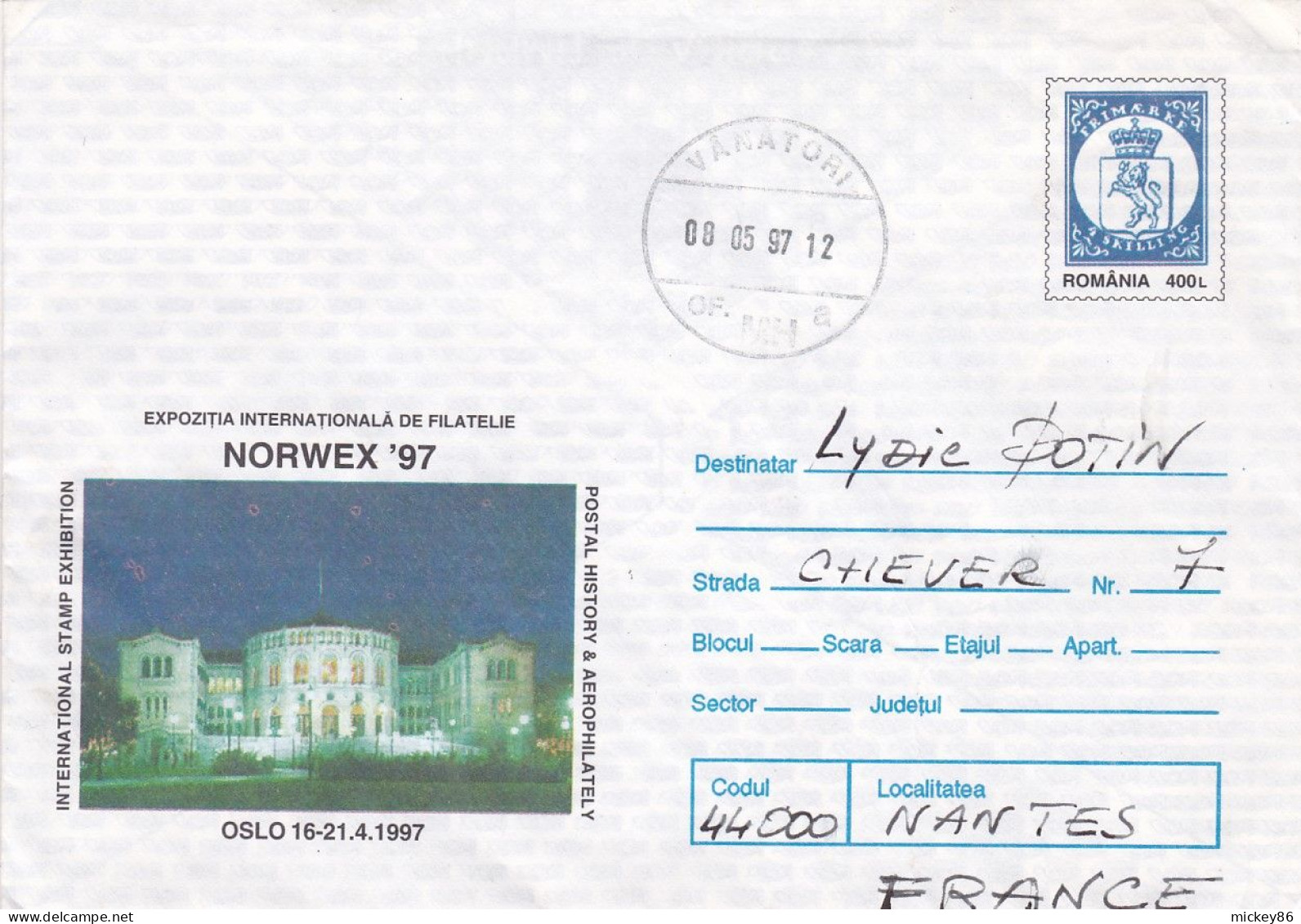 Roumanie--1997--entier NORWEX 97 De VANATORI Pour NANTES-44 (France)-timbres Oiseaux,hermine  Au Verso - Lettres & Documents