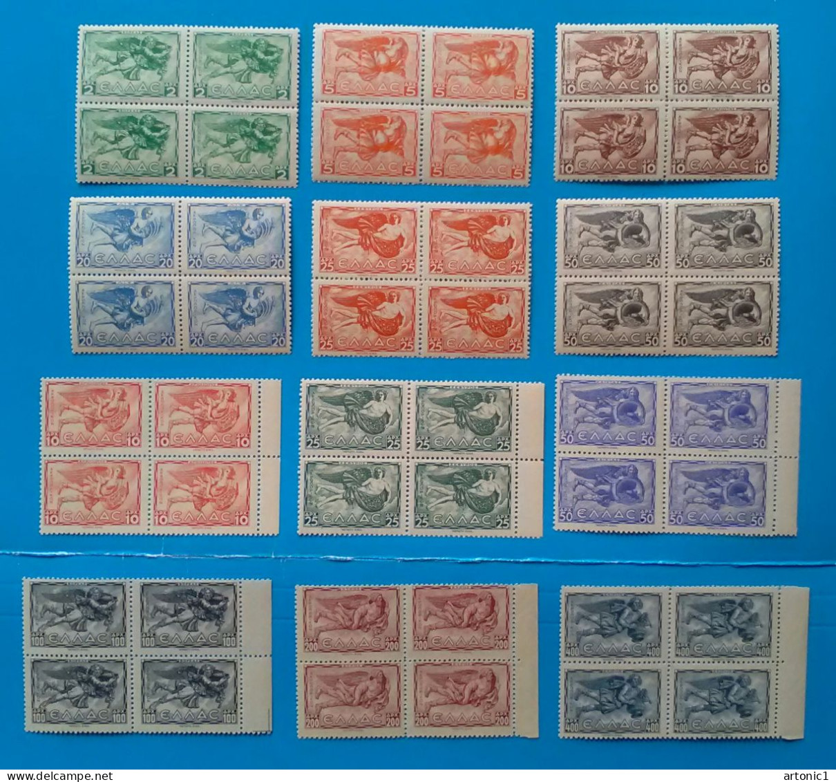 Greece Winds I & II 1942-43 Two Complete Airpost Sets In Blocks Of 4 Mint Never Hinged ** - Neufs