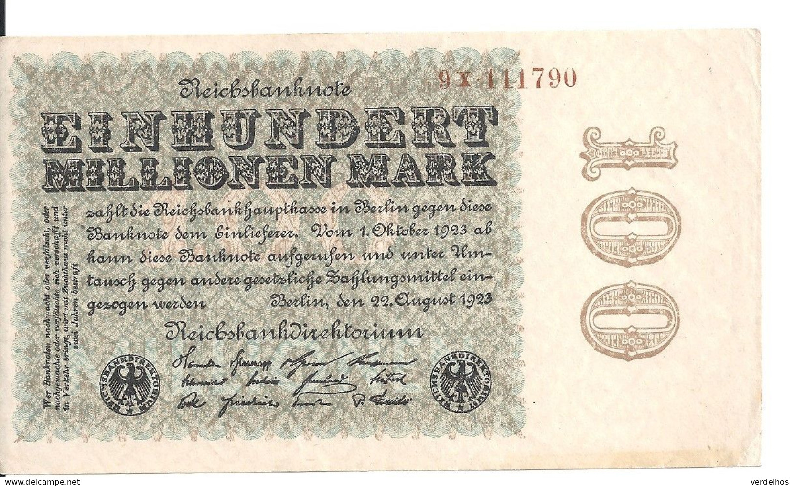 ALLEMAGNE 100 MO MARK 1923 XF+ P 107 - 100 Mio. Mark