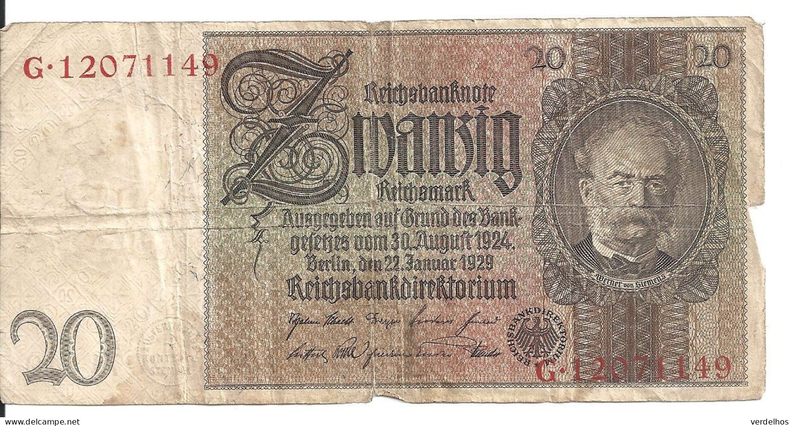 ALLEMAGNE 20 REICHMARK 1929 VG+ P 181 - 20 Mark