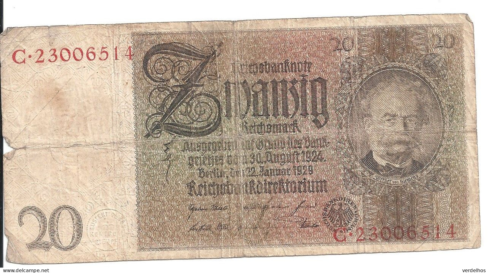 ALLEMAGNE 20 REICHMARK 1929 VG+ P 181 - 20 Mark