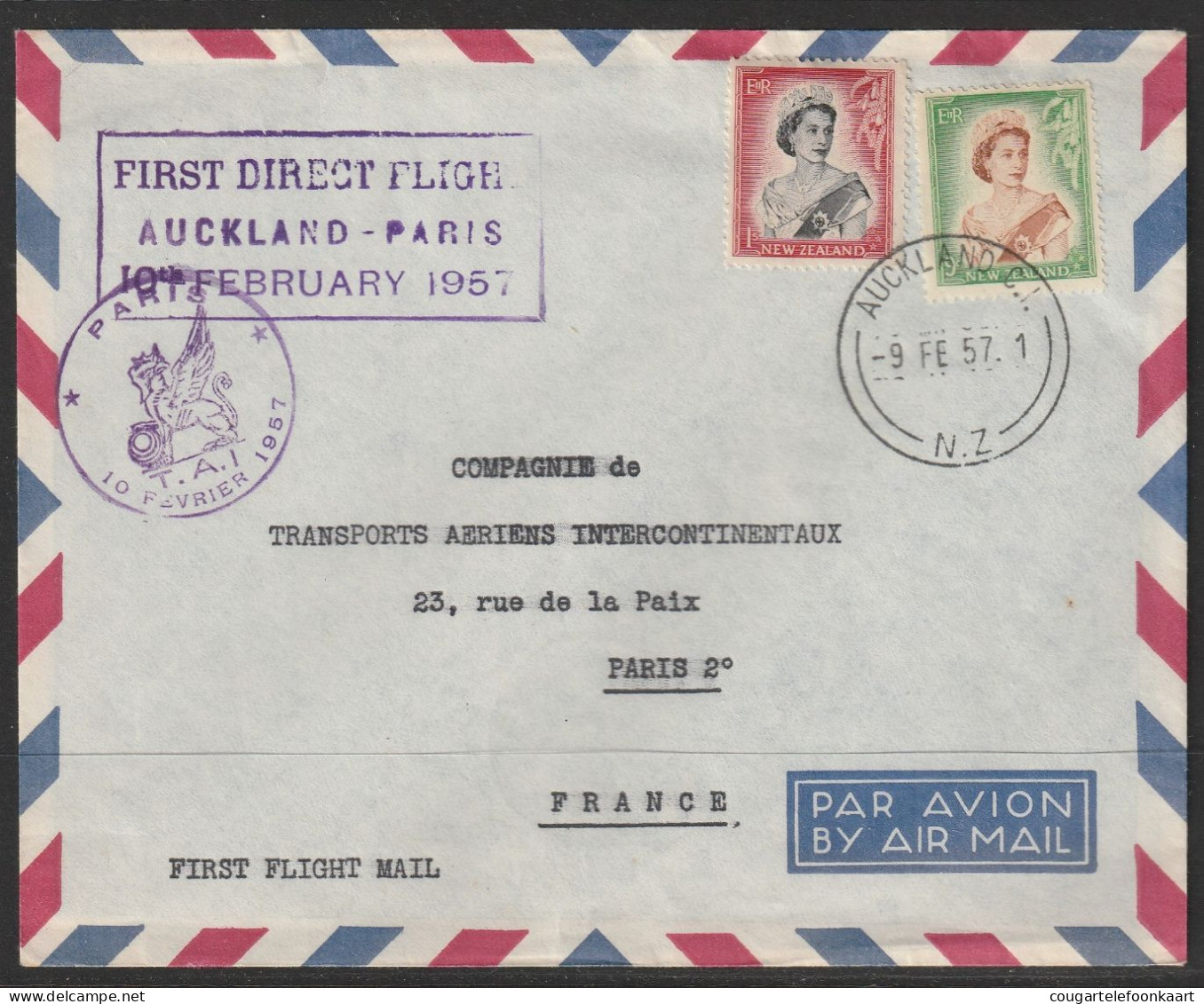 1957, T.A.I., Premier Vol, Auckland New Zealand - Paris France - Poste Aérienne