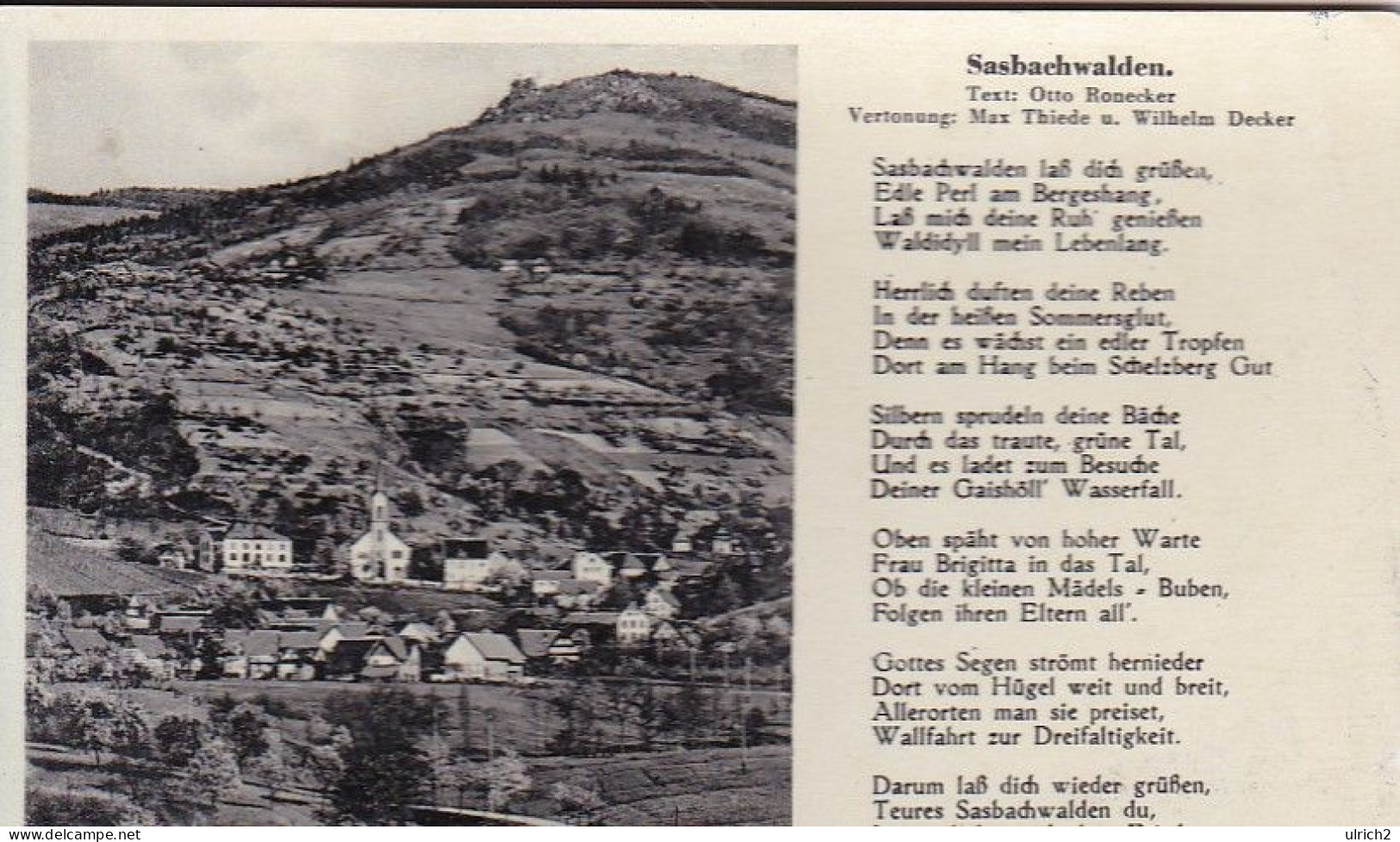 AK Sasbachwalden - Lied Ronecker Thiede Decker - 1938  (66792) - Sasbach