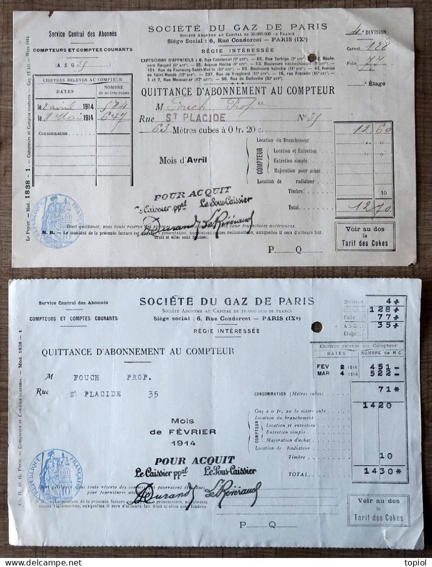 2 Quittances "Société Du Gaz De Paris - 1914 - Elettricità & Gas