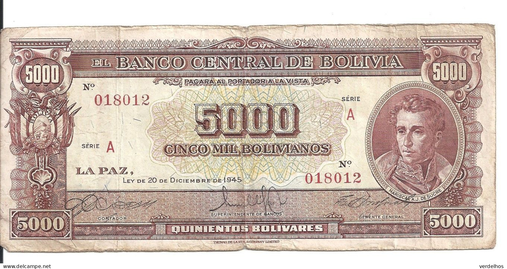 BOLIVIE 5000 BOLIVIANOS L.1945 VF P 145 - Bolivien