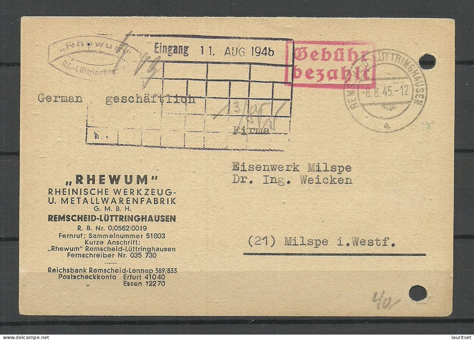 Germany Deutschland 1945 Stempel "Gebühr Bezahlt" Auf Firmenpostkarte REMSCHEID Geschäftlich RHEWUM - Emissions De Nécessité Zone Britannique