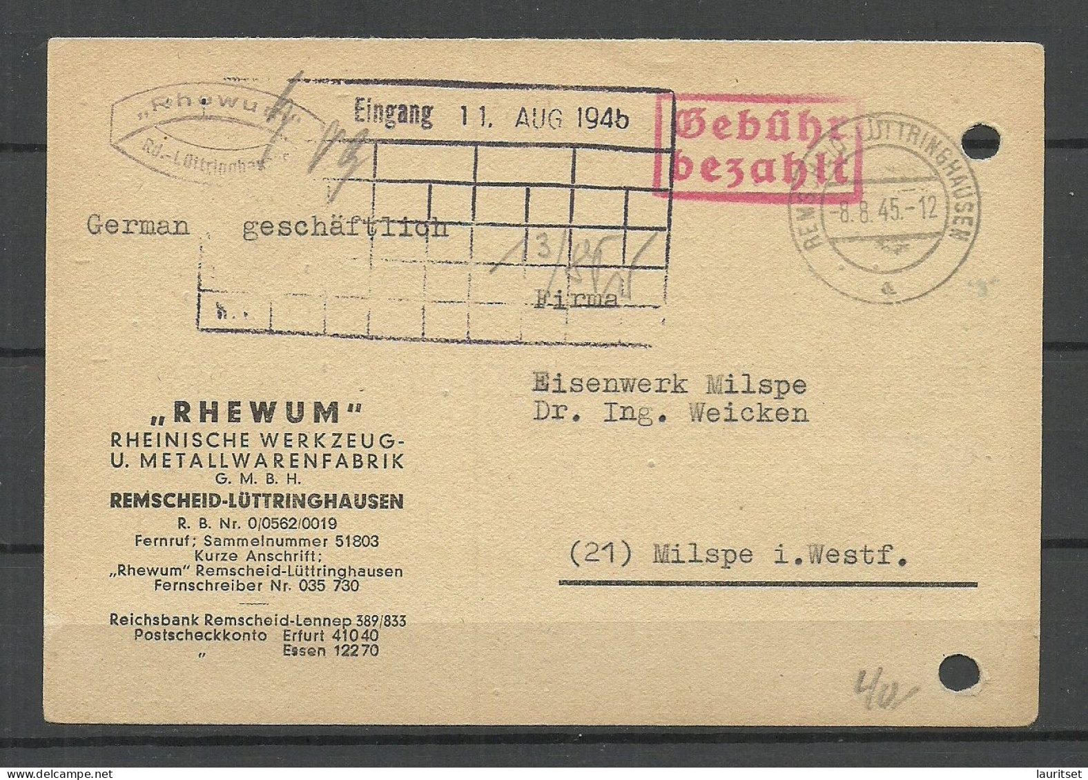 Germany Deutschland 1945 Stempel "Gebühr Bezahlt" Auf Firmenpostkarte REMSCHEID Geschäftlich RHEWUM - Emergency Issues British Zone