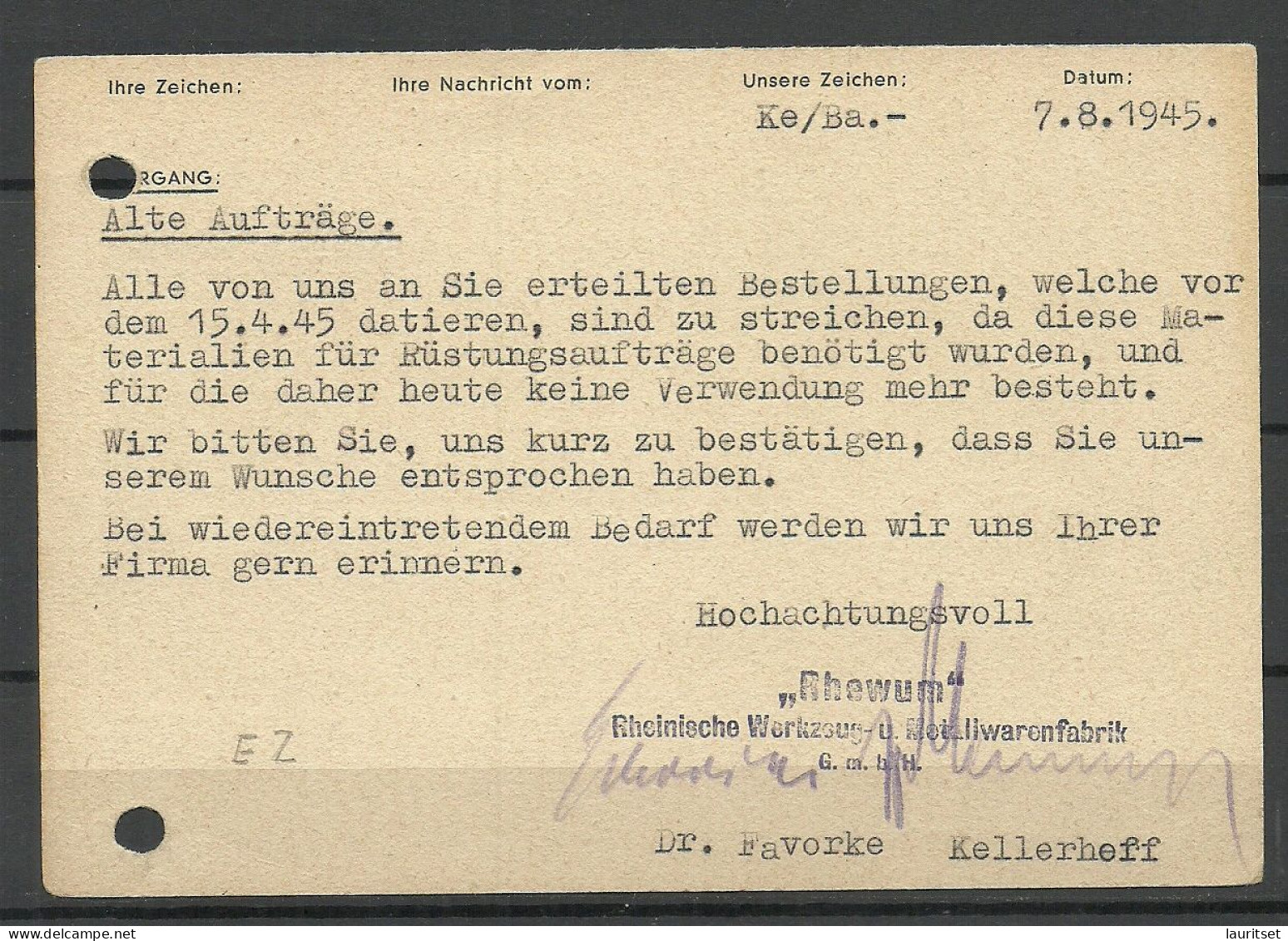 Germany Deutschland 1945 Stempel "Gebühr Bezahlt" Auf Firmenpostkarte REMSCHEID Geschäftlich RHEWUM - Emergency Issues British Zone