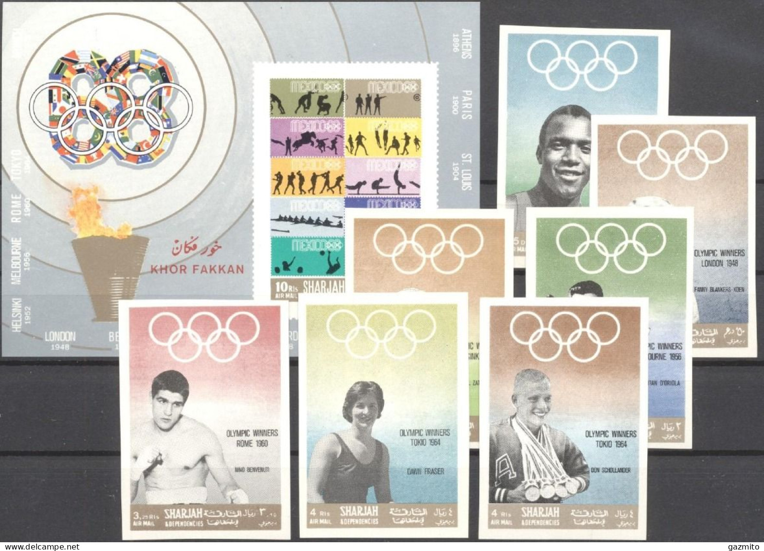 Sharjah 1968, Olympic Winners, Boxing, Swimming, Block +6val IMPERFORATED - Natación