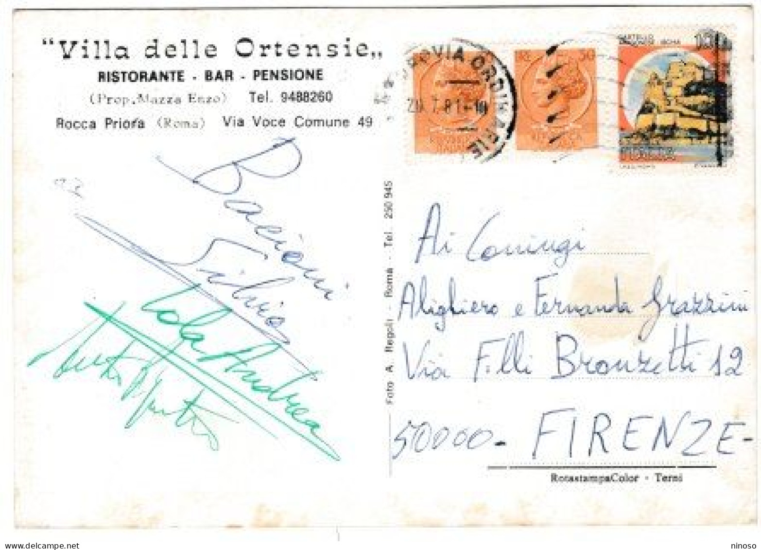 ITALY ITALIA ITALIEN CARTOLINA  VIAGGIATA NEL1981 - ALBERGO RIST.TE BAR VILLA DELLE ORTENSIE - ROCCA PRIORE  ROMA - Cafes, Hotels & Restaurants