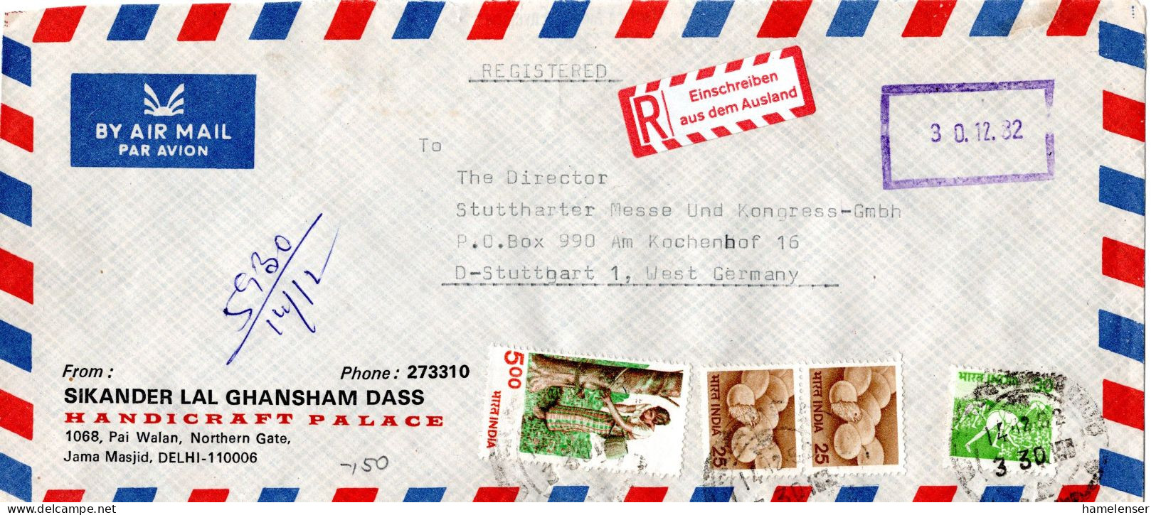 L73671 - Indien - 1982 - 5Rp MiF A R-LpBf ... -> Westdeutschland, M Dt R-Aufkleber - Storia Postale