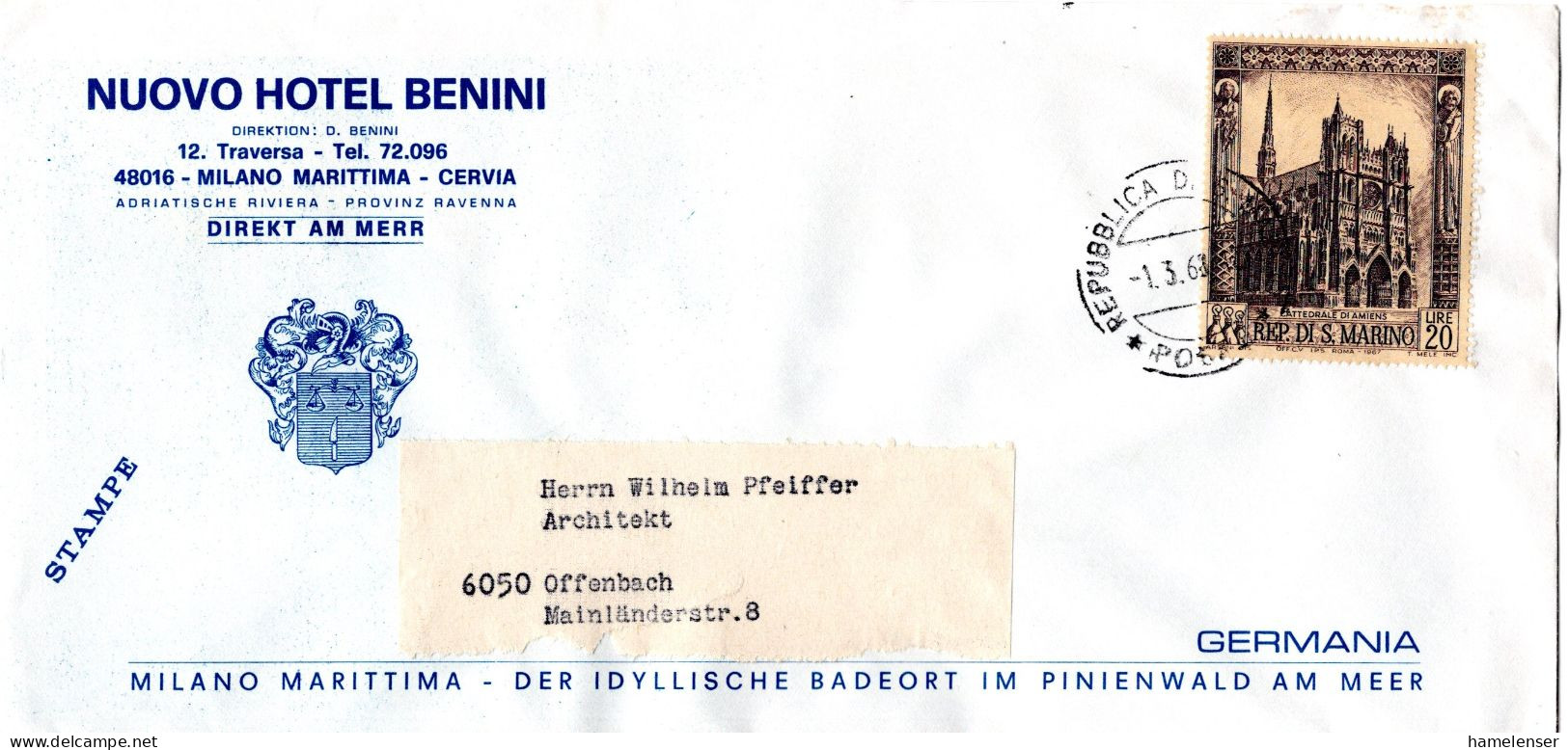 L73672 - San Marino - 1968 - 20L Kathedrale Amiens EF A DrucksBf SAN MARINO -> Westdeutschland - Storia Postale