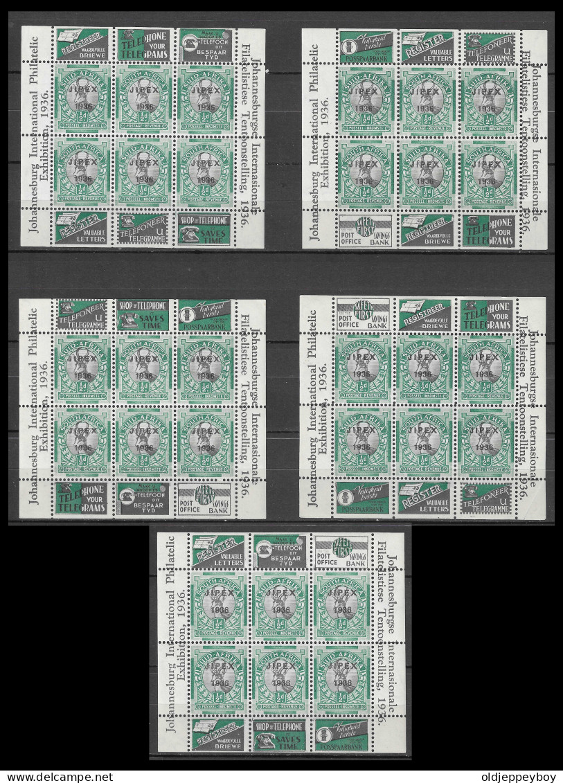 ZUID-AFRIKA SOUTH AFRICA,1936 MNH ** 5 X MINISHEETS "JIPEX " OVERPRINTED  All Different Advert CONFIGURATIONS MICHEL BL1 - Blocchi & Foglietti