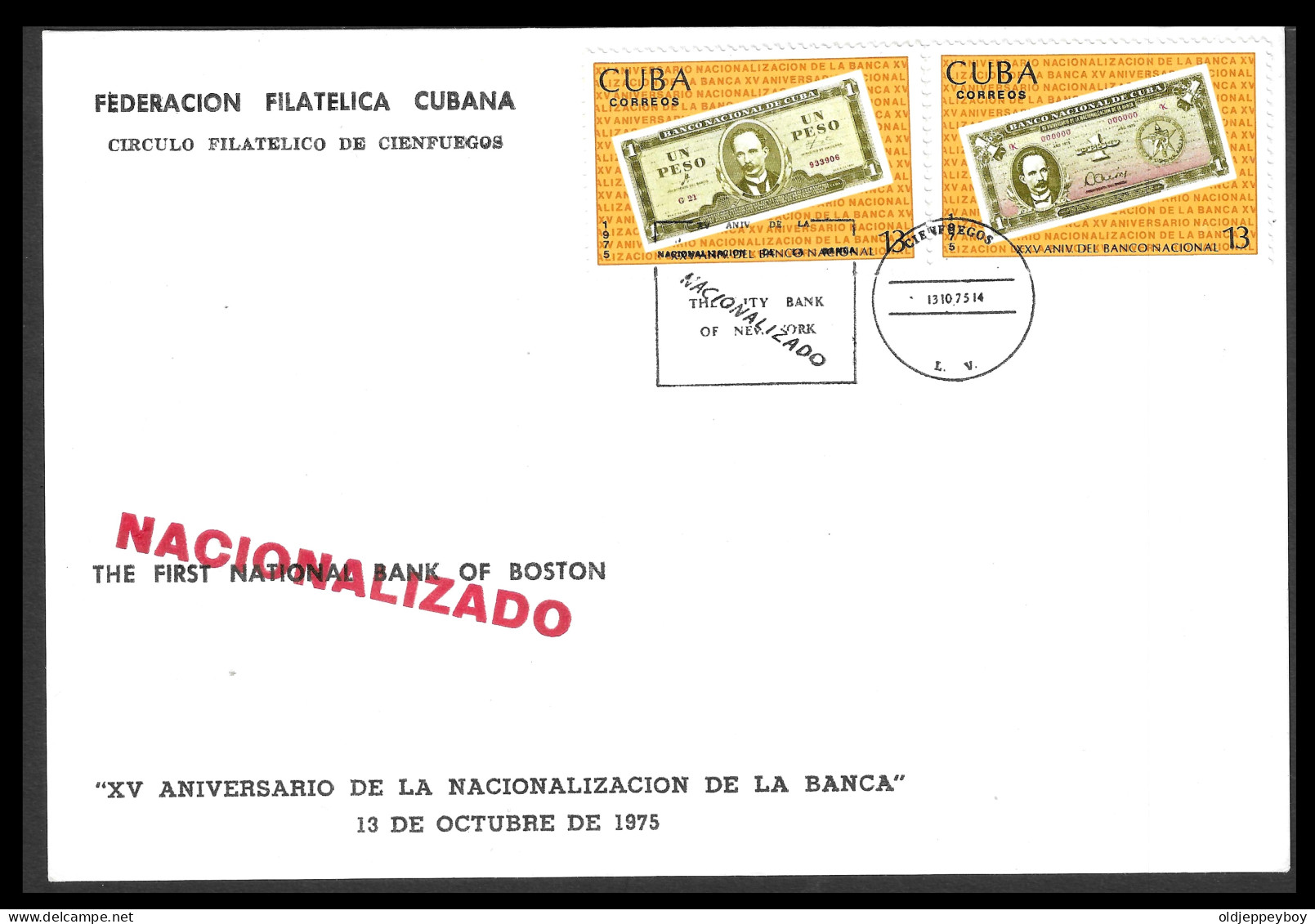 1975 THE FIRST NATIONAL BANK OF BOSTON NACIONALIZADO COVER FEDERACION FILATELICA CUBANA - FDC