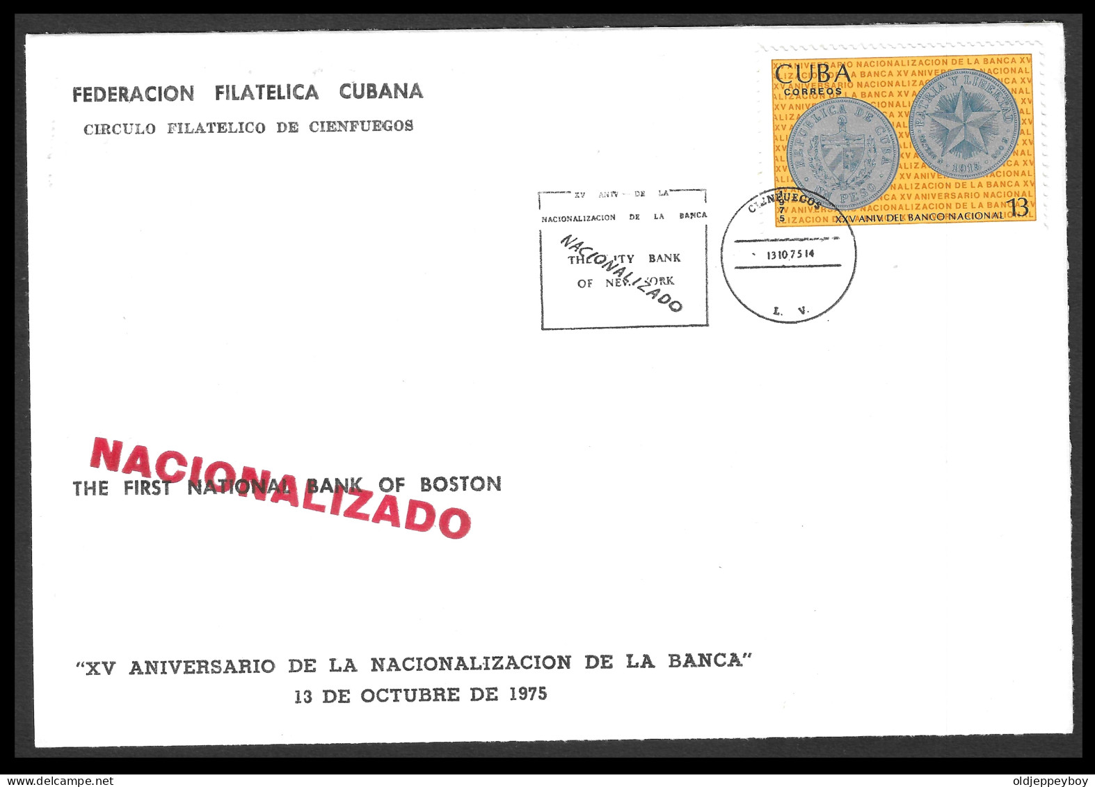 1975 THE FIRST NATIONAL BANK OF BOSTON NACIONALIZADO COVER FEDERACION FILATELICA CUBANA - FDC