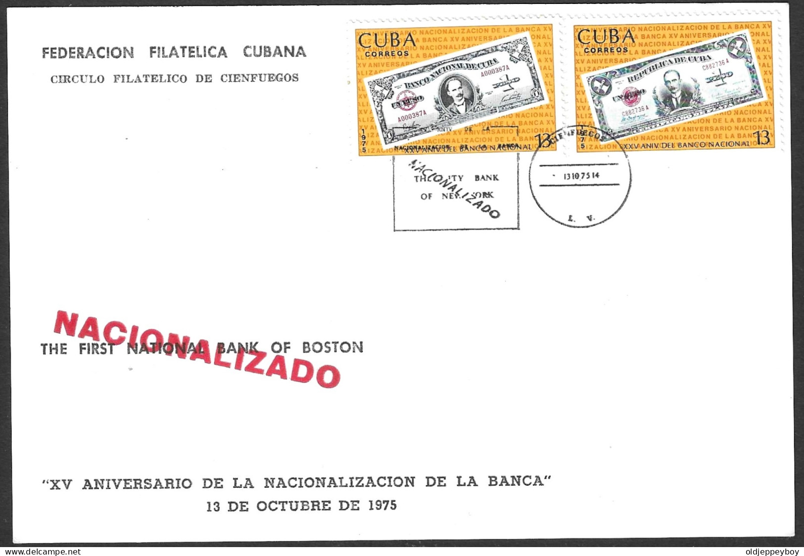 1975 THE FIRST NATIONAL BANK OF BOSTON NACIONALIZADO COVER FEDERACION FILATELICA CUBANA - FDC