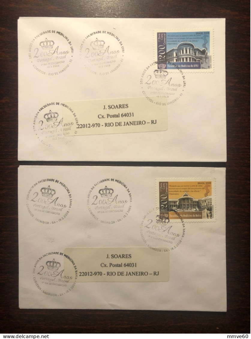 BRAZIL FDC’s TRAVELLED COVER’s LETTER  2008 YEAR  MEDICAL SCHOOL HEALTH MEDICINE - Briefe U. Dokumente