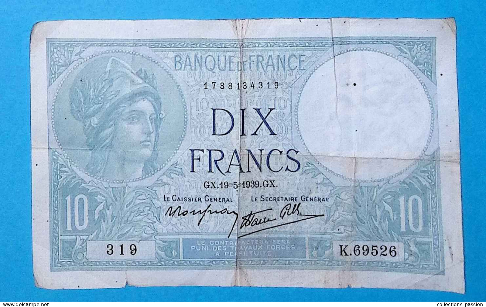 Billet, France, Minerve, Dix, 10 Francs, 19-5-1939, 2 Scans - 10 F 1916-1942 ''Minerve''