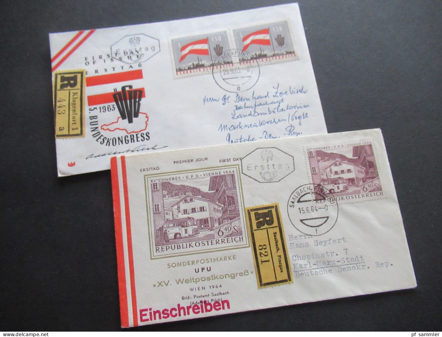 Österreich 1963 Und 64 FDC Als Einschreiben Echt Gelaufen! 1x Saalbach Pinzgab Und 1x Klagenfurt / Sondermarke UPU - Brieven En Documenten