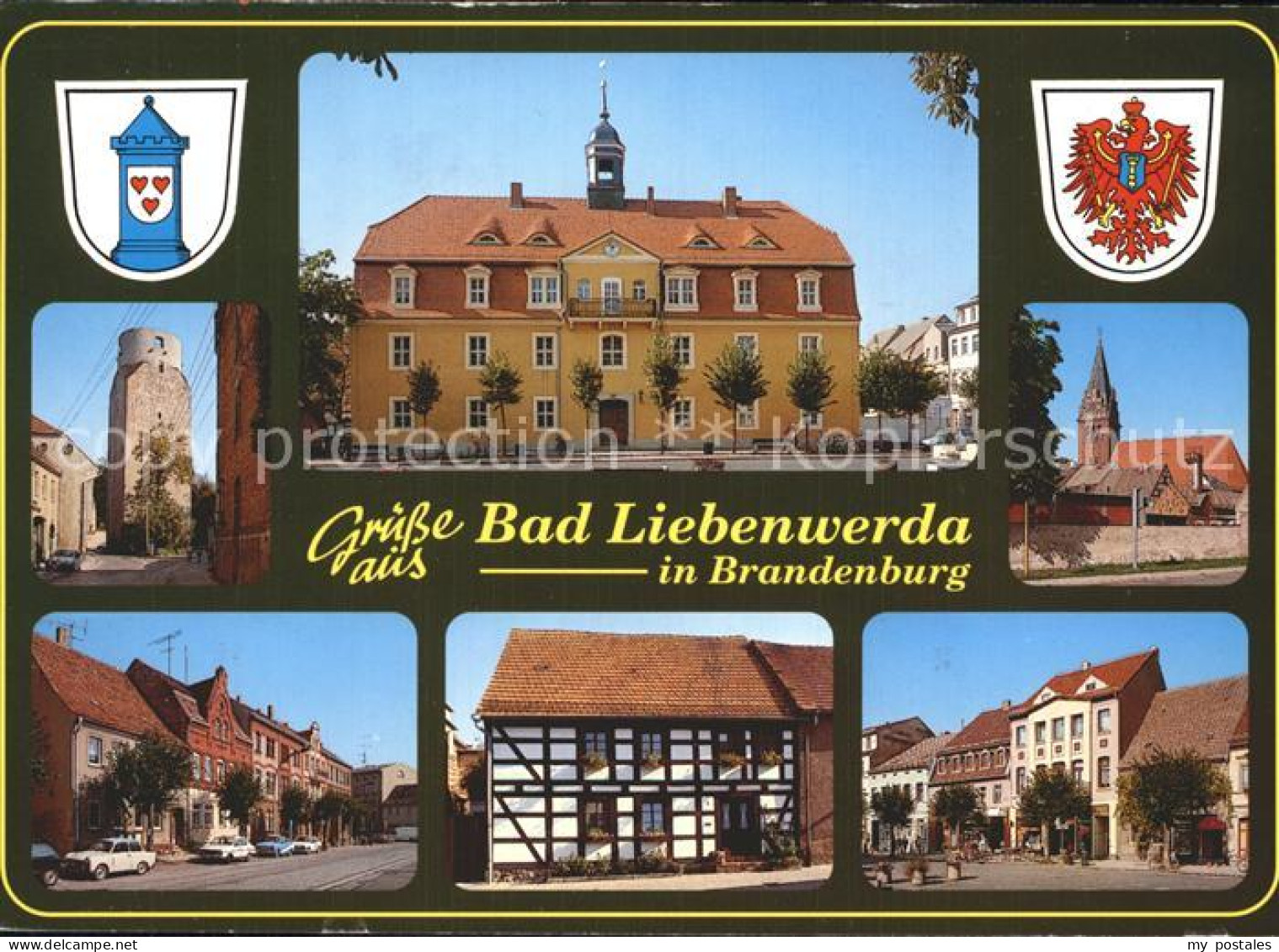 72337099 Bad Liebenwerda Teilansichten Turm Rathaus Kirche Fachwerkhaus Wappen B - Bad Liebenwerda