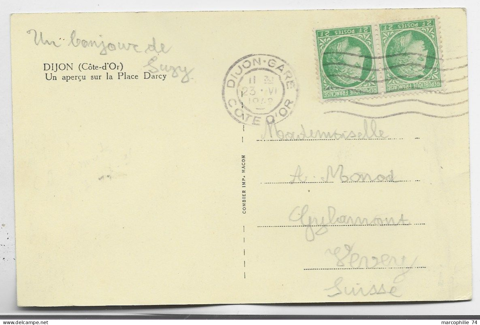 FRANCE MAZELIN 2FR PAIRE CARTE 5 MOTS MEC DIJON GARE 23.VI.1947 POUR SUISSE AU TARIF - 1945-47 Cérès De Mazelin