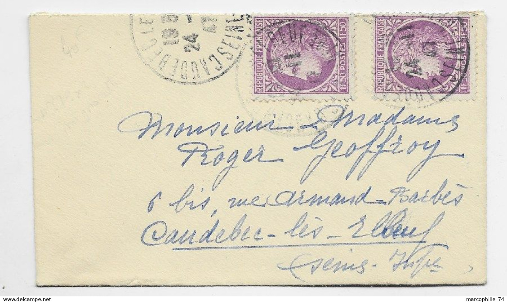 FRANCE MAZELIN 1FR50 VIOLET X2 MIGNONNETTE CAUDEBECQ 24.11.1947 AU TARIF - 1945-47 Cérès Van Mazelin