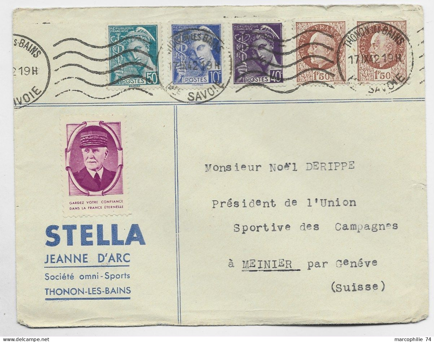 FRANCE MERCURE 10C+40C+50C+ 1FR50 PETAINX2 LETTRE MEC THONON HTE SAVOIE 17.IX.1942 POUR GENEVE TARIF FRONTALIER 2EME - 1938-42 Mercurio