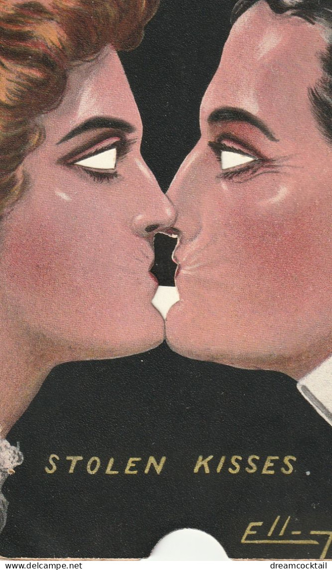 Illustrateur Ell (Elliot) RARE Carte à Système STOLEN KISSES 1908 En Tirant Sur La Languette Du Bas Un Baiser Se Forme.. - Elliot