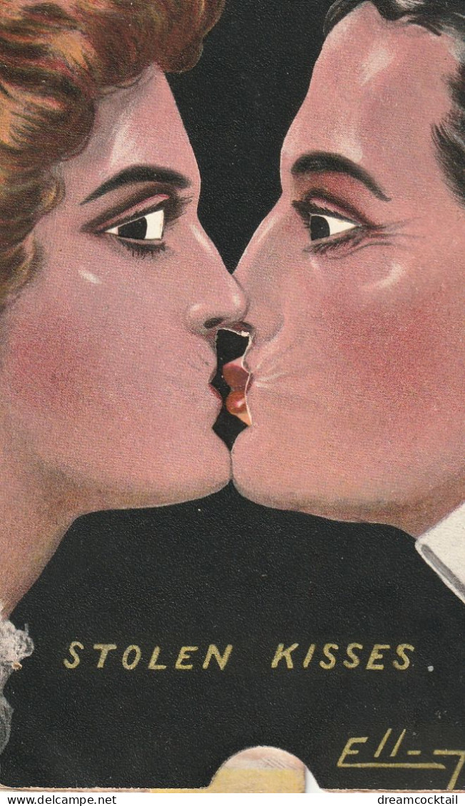 Illustrateur Ell (Elliot) RARE Carte à Système STOLEN KISSES 1908 En Tirant Sur La Languette Du Bas Un Baiser Se Forme.. - Elliot