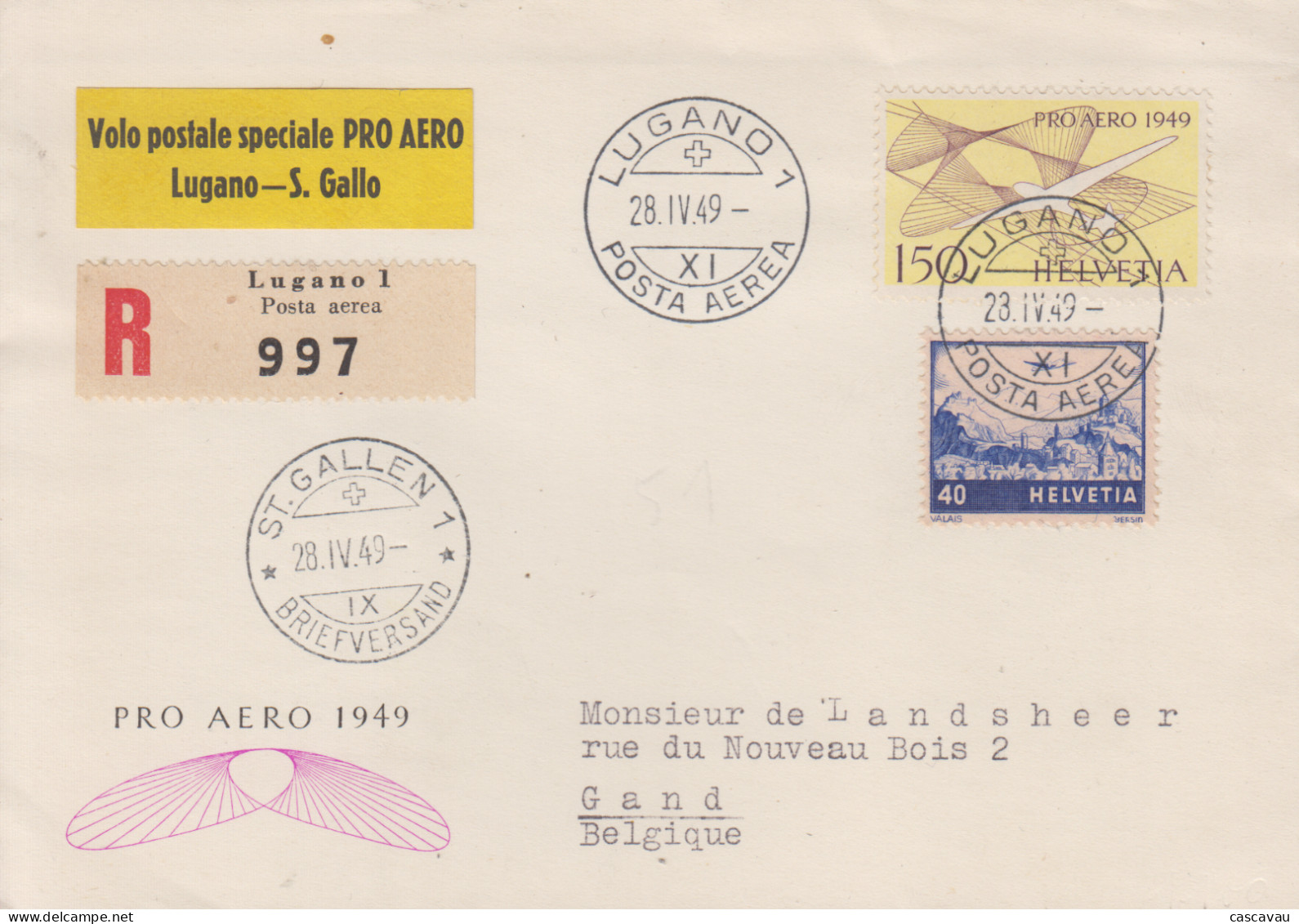 Enveloppe   Recommandée   SUISSE    PRO   AERO     Vol   LUGANO  -  SAINT  GALL  1949 - Altri & Non Classificati