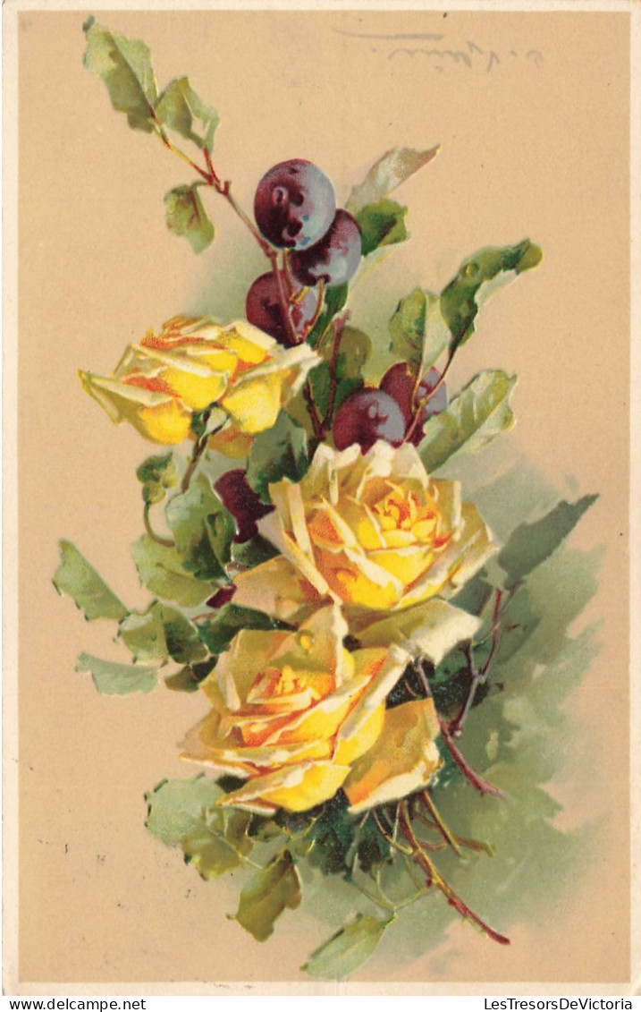 FLEURS PLANTES - Fleurs - Roses Jaunes - Raisins - Carte Postale Ancienne - Flowers