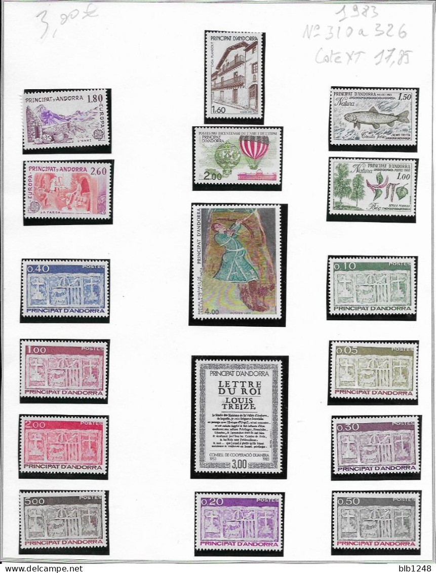 Timbres Andorre Annee Complete 1983 N°310 à 326 Neuf++ Cote YT 17.85 Euros - Années Complètes