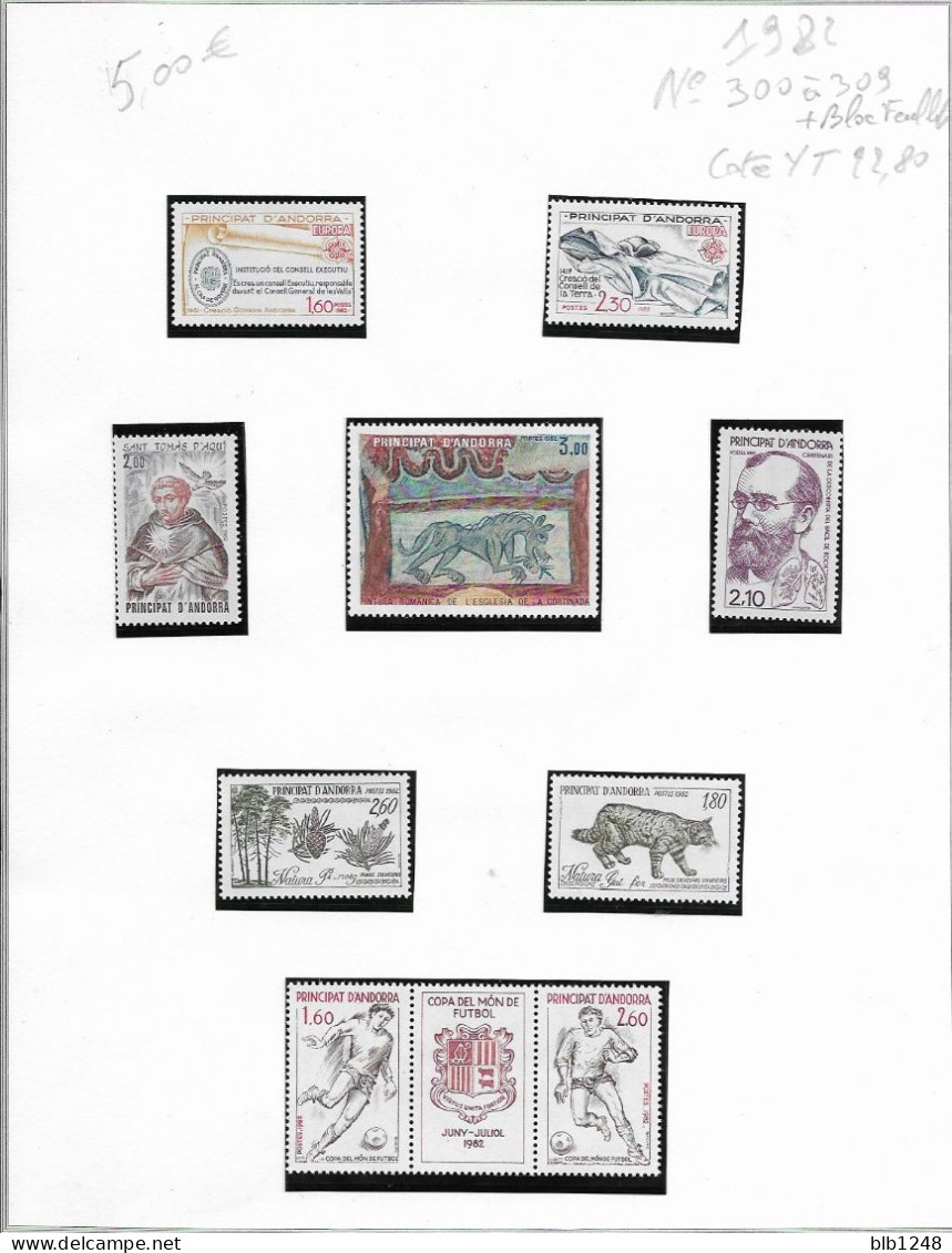 Timbres Andorre Annee Complete 1982 N°300 à 309 + Bloc Feuillet  Neuf++ Cote YT22.80 Euros - Volledige Jaargang