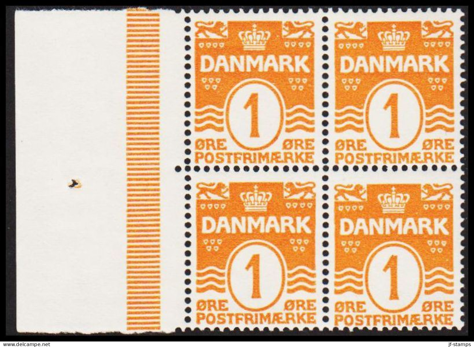 1914. DANMARK. Numeral. 1 Øre Orange. Perf. 14x14½ In Never Hinged 4-block With Left Margin. (Michel 77) - JF540689 - Unused Stamps