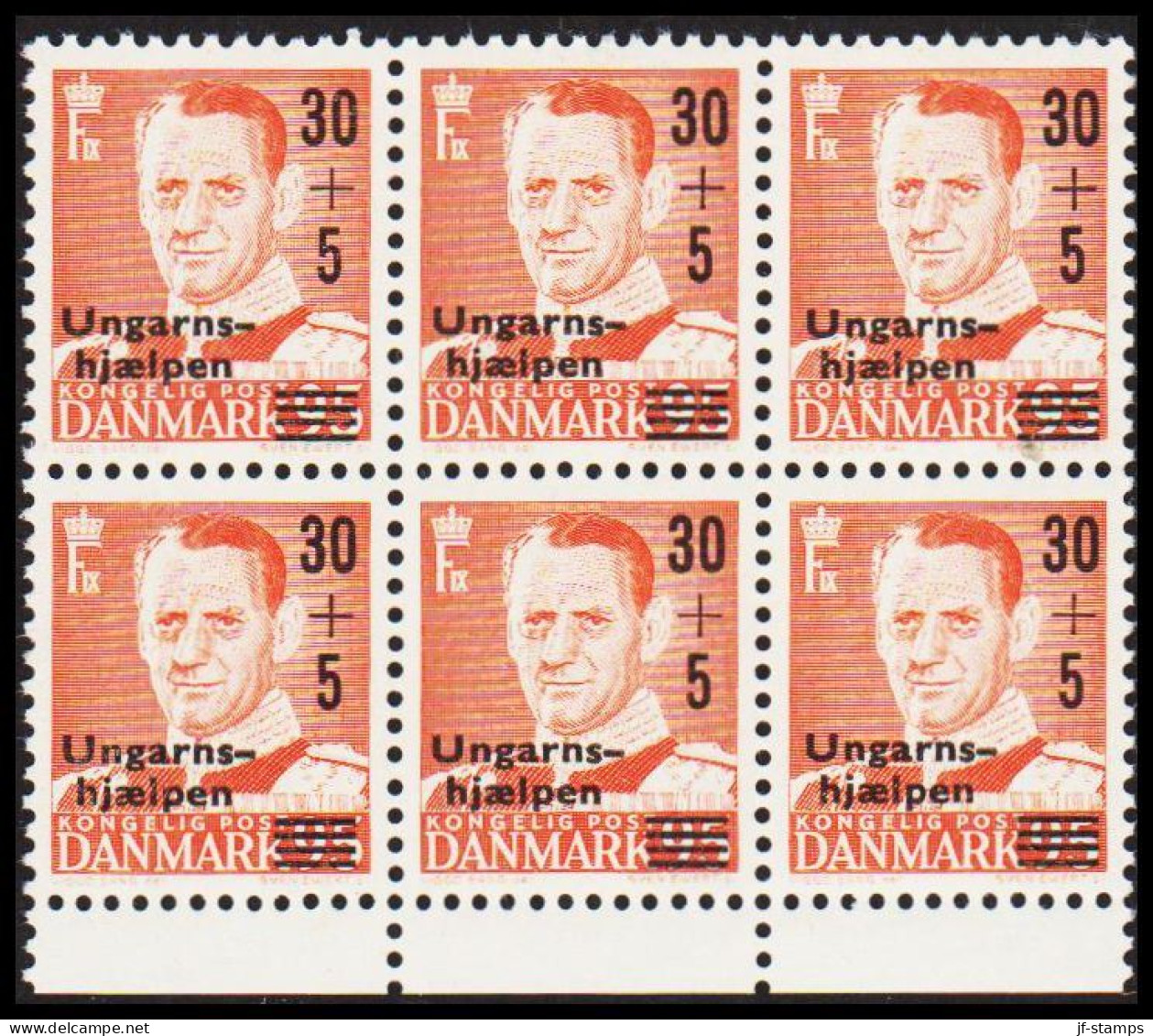1957. DANMARK. 30+5 Ungarnshjælpen On 95 øre Frederik IX In Never Hinged 6-block. (Michel 366) - JF540693 - Storia Postale