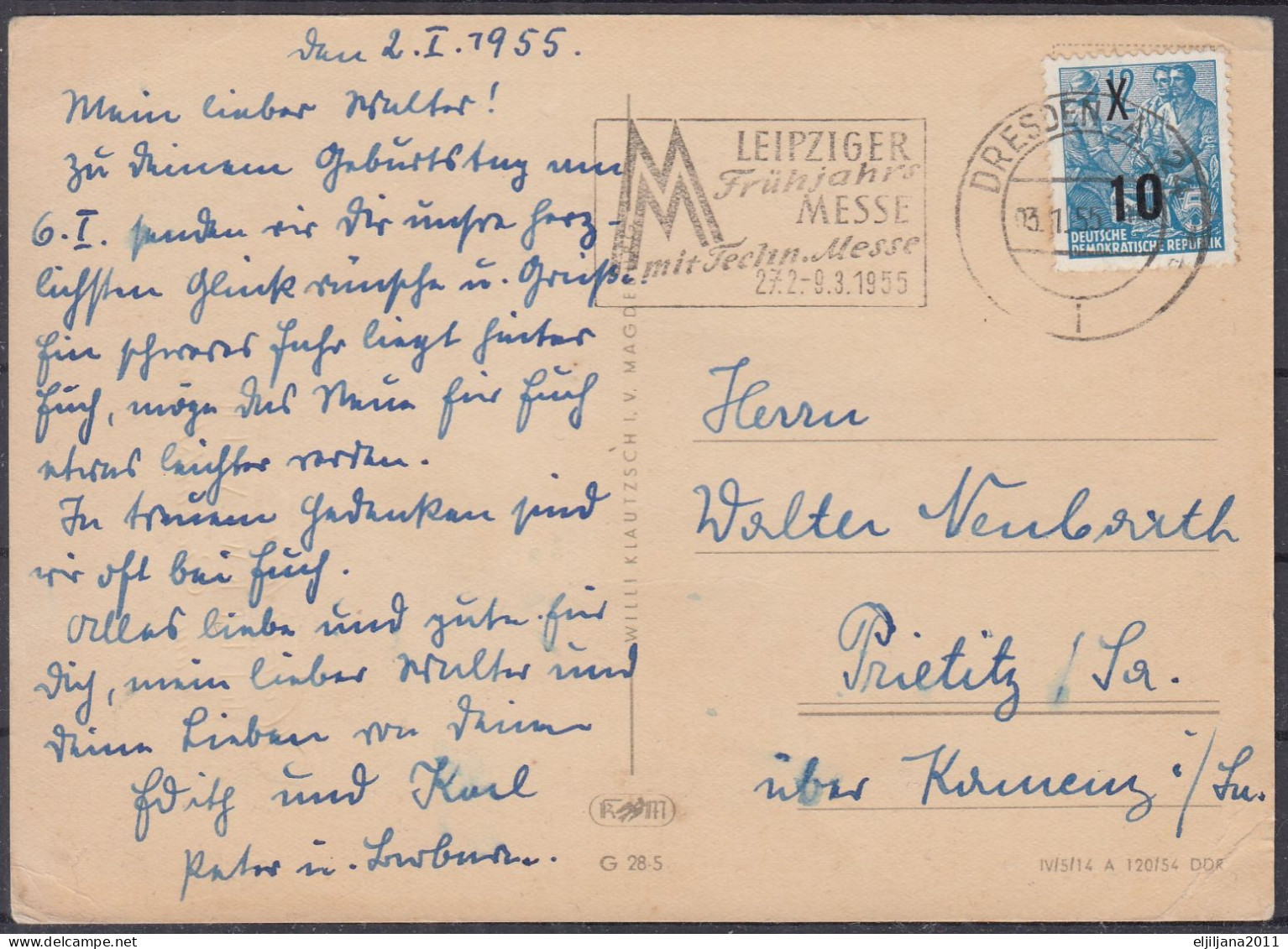 ⁕ Germany DDR 1955 Dresden - Prietitz ⁕ Postcard - Blumen - Geburtstagskarte - Privé Postkaarten - Gebruikt