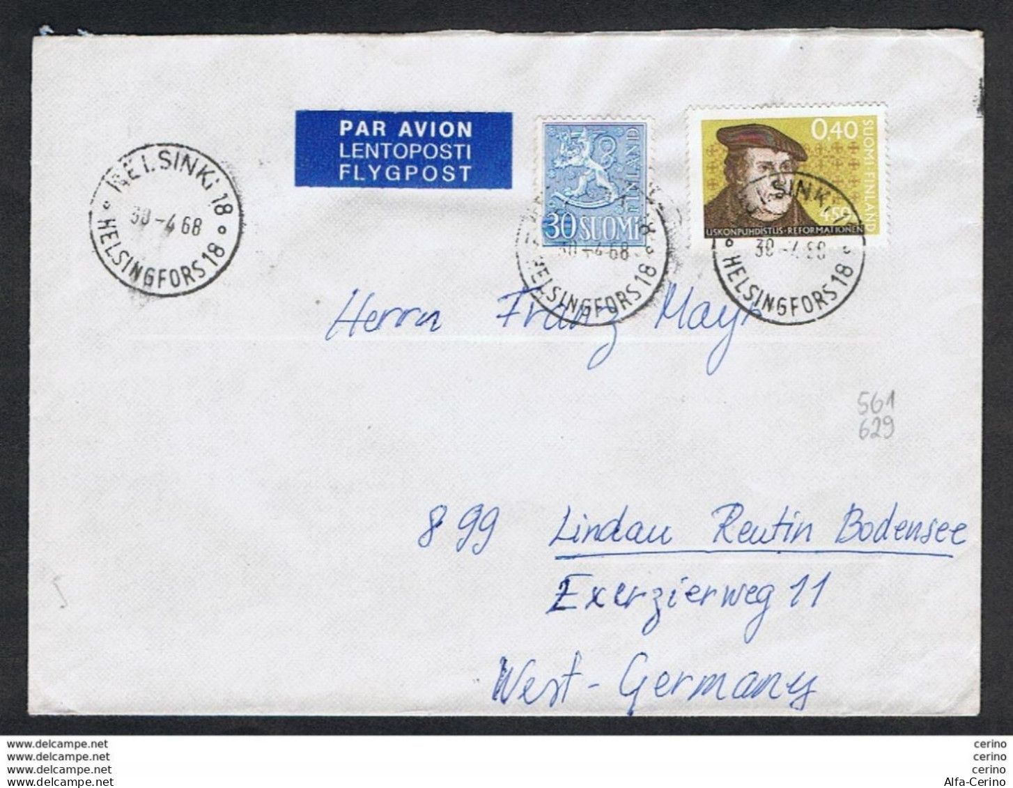 FINLAND: 1968  COVERT  WITH:  30 P. + 40 P. (538 + 599) - TO WEST GERMANY - Covers & Documents