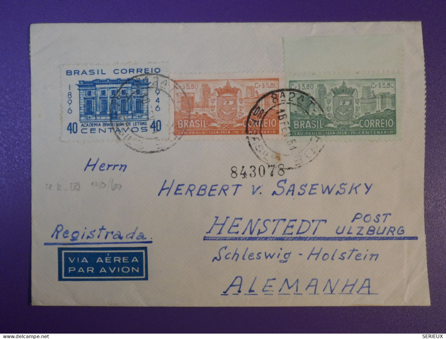 DG4  BRAZIL BELLE LETTRE  1951 SAO PAULO A  HENSTEDT ALEMANIA   +PAIRE DE TP VERSO ++AFF. INTERESSANT+++++ - Storia Postale