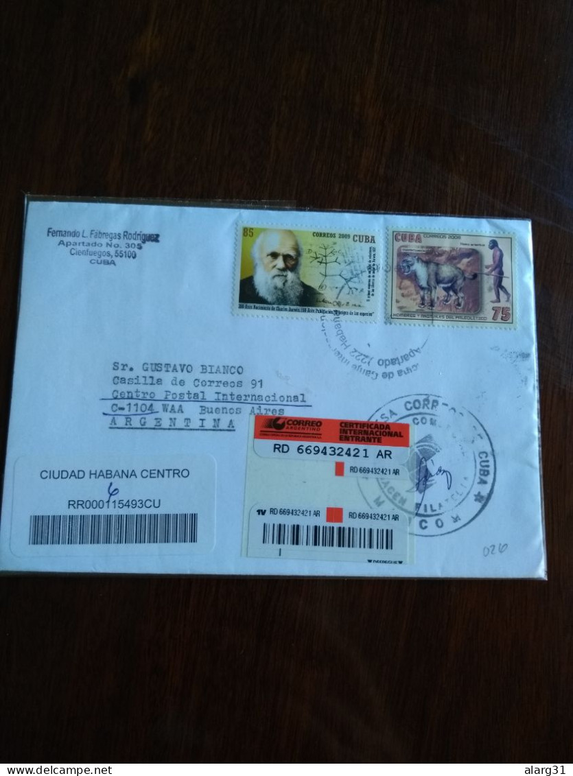 Reg Cover To Argentina.from Cuba Yv4712 Darwin.yv4613 Homo Erectus.megantereon Tiger 2011.e12.reg Post Conmems 1 Or 2 P. - Lettres & Documents