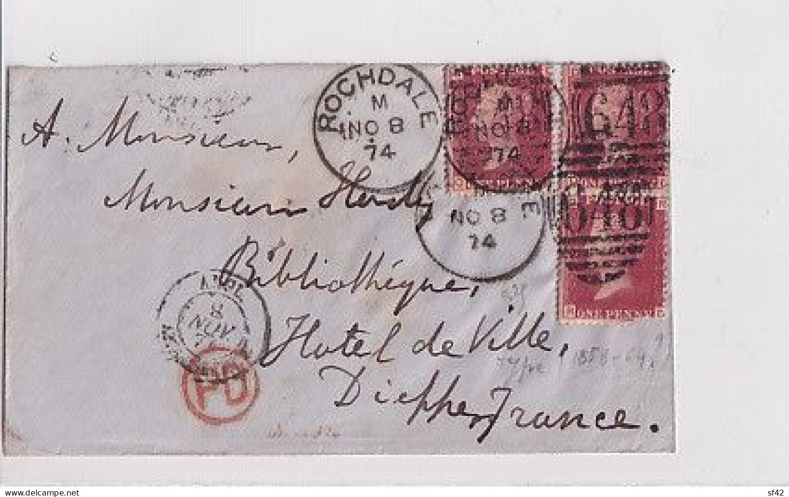 LETTRE 3 ONE PENNY ROCHDALE  1874    CACHET 648 + PD + ANGL  8 11 1874 - 1840 Buste Mulready