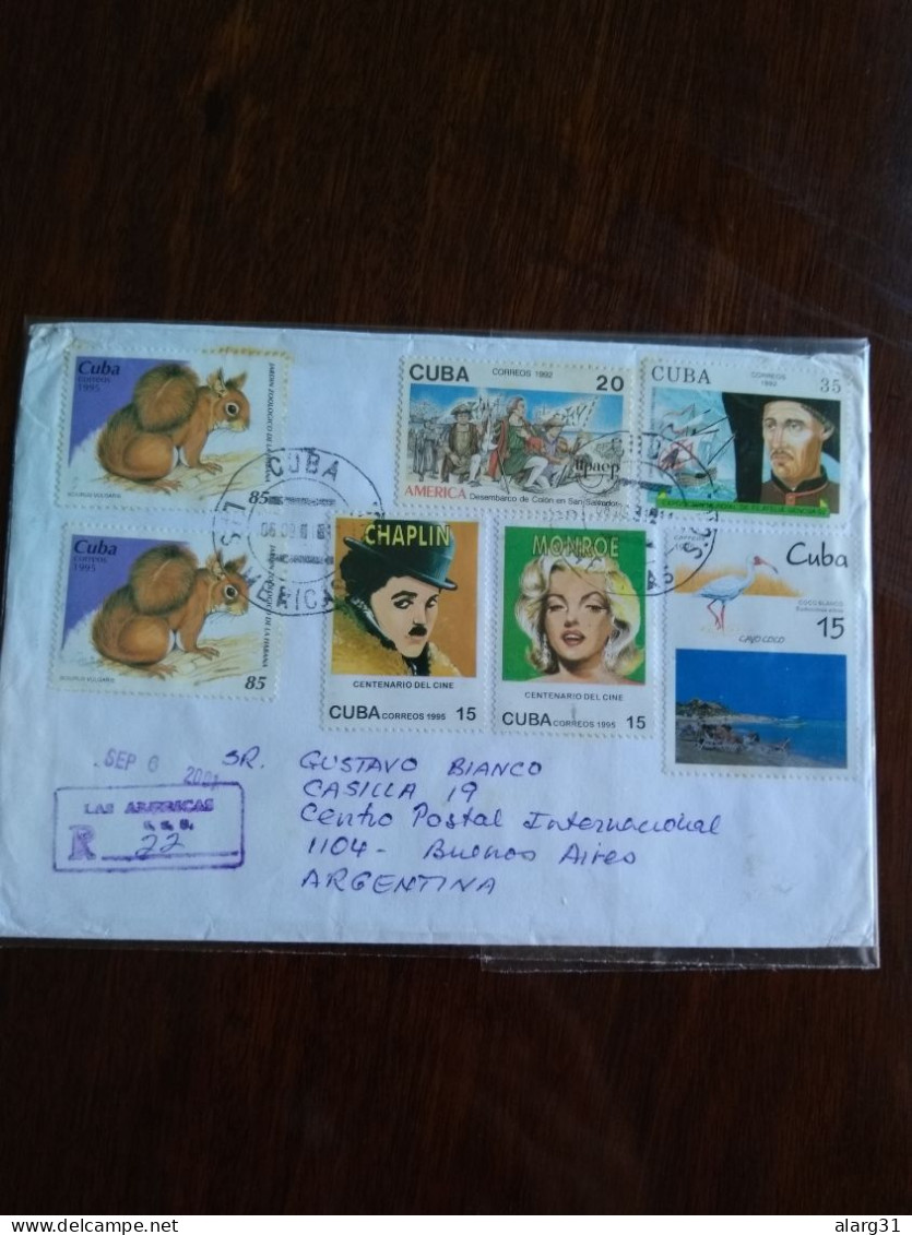 Reg Cover 2001 To Argentina.cinema.marylin& Chaplin Yv3477/8.3502 Ardilla*2.zoo.3490.park& Other.e8 Reg Post Conmems. - Lettres & Documents