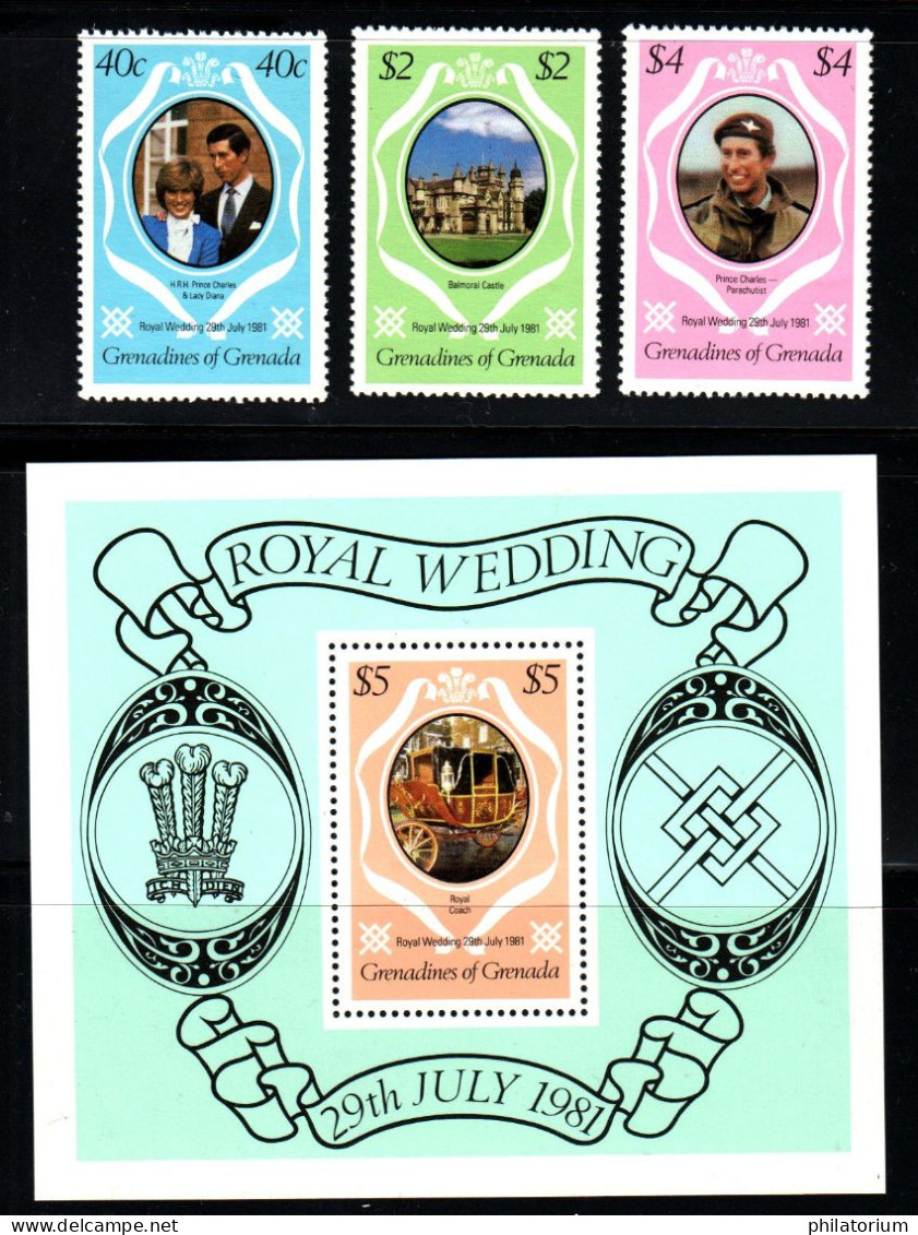 Grenadines De Grenade, Grenada, **, Yv 393 à 395 +BF 56, Mi 447A, 449A, 450A, Sg 444 à 447, Mariage Charles Et De Diana, - Grenade (1974-...)