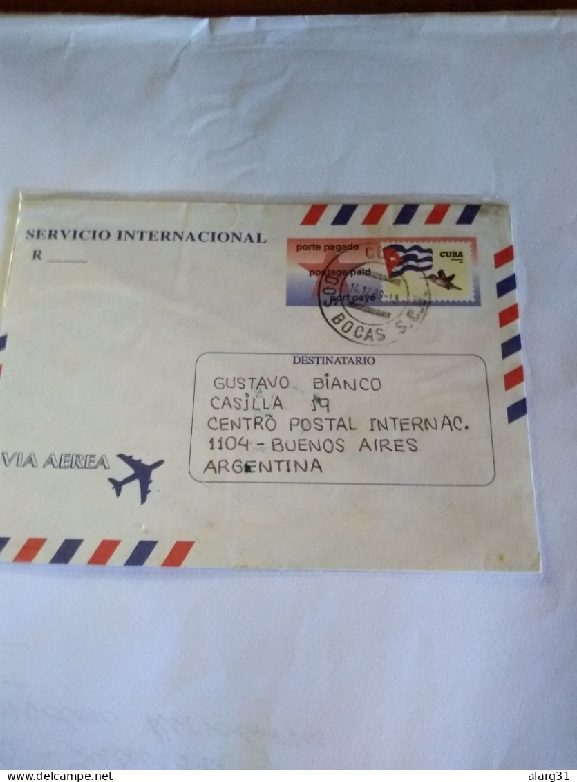 Air Postal Stationery Cover Small Cuba To Argentina 1998.hummingbird.from Dos Bocas.sc.e 8 Reg Post Conmems 1 Or 2 Piece - Covers & Documents