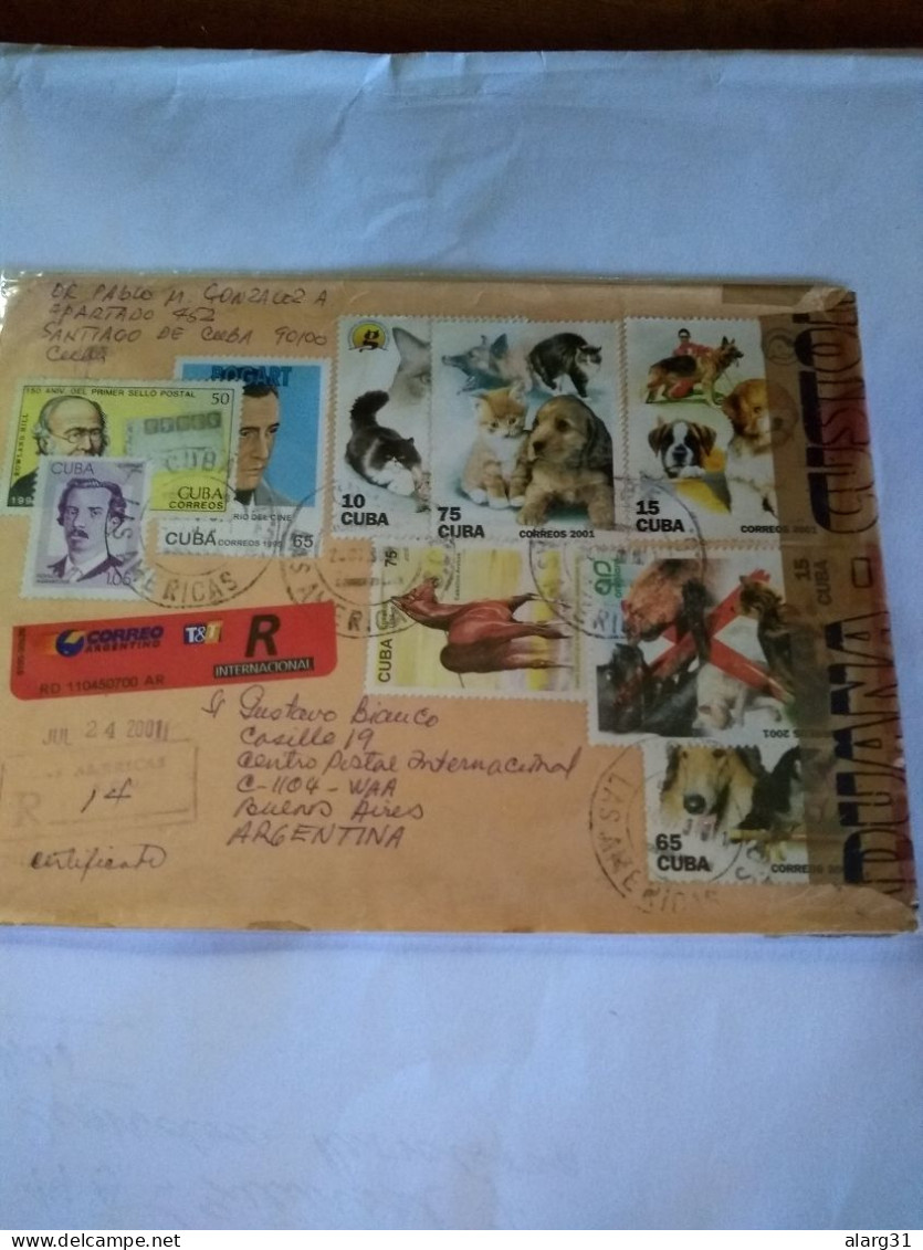Cat&dogs Reg Letter Cuba/argentina.2001.yv 3927/31 & Others.local Customs Inspection.e 14 Reg Post Conmems E 17.5 Cval - Lettres & Documents