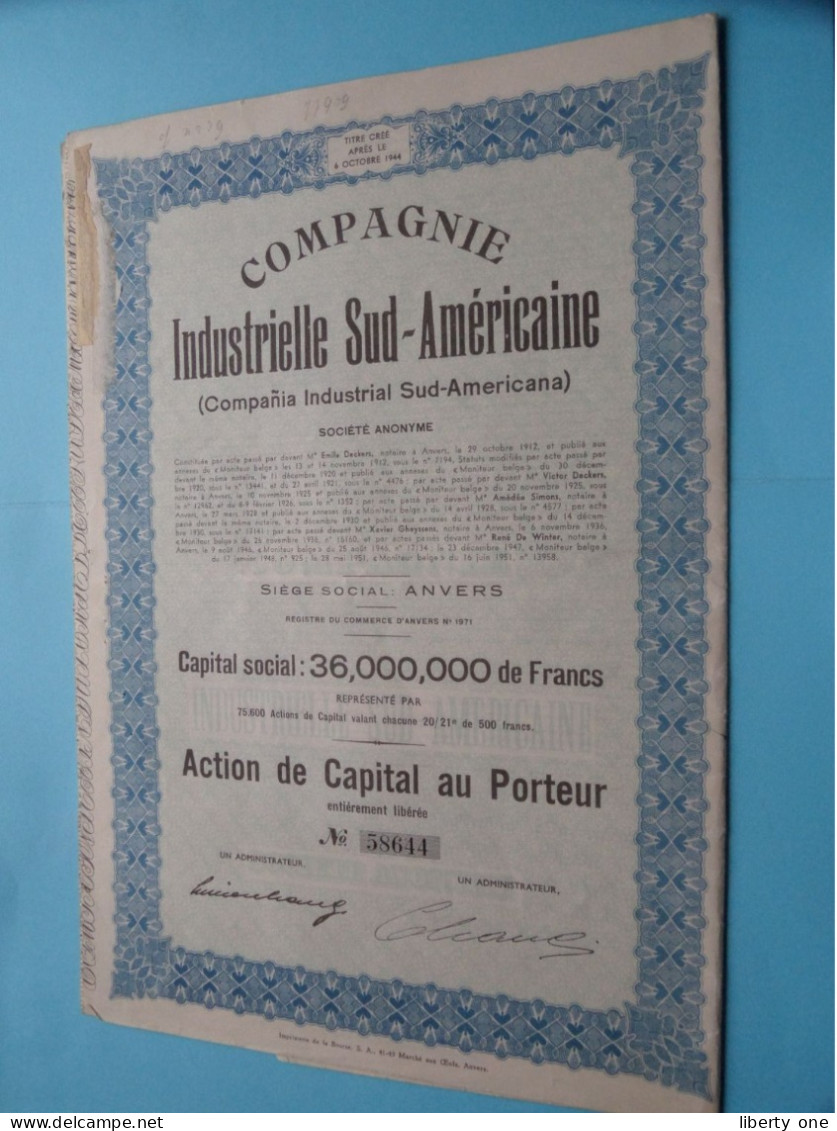 1 Lot Of 4 Pcs De Cie Industrielle SUD-AMERICAINE ( ANVERS ) Action De Capital Au Porteur ( 4 Pcs. > 1 Lot ) ! - Industrie