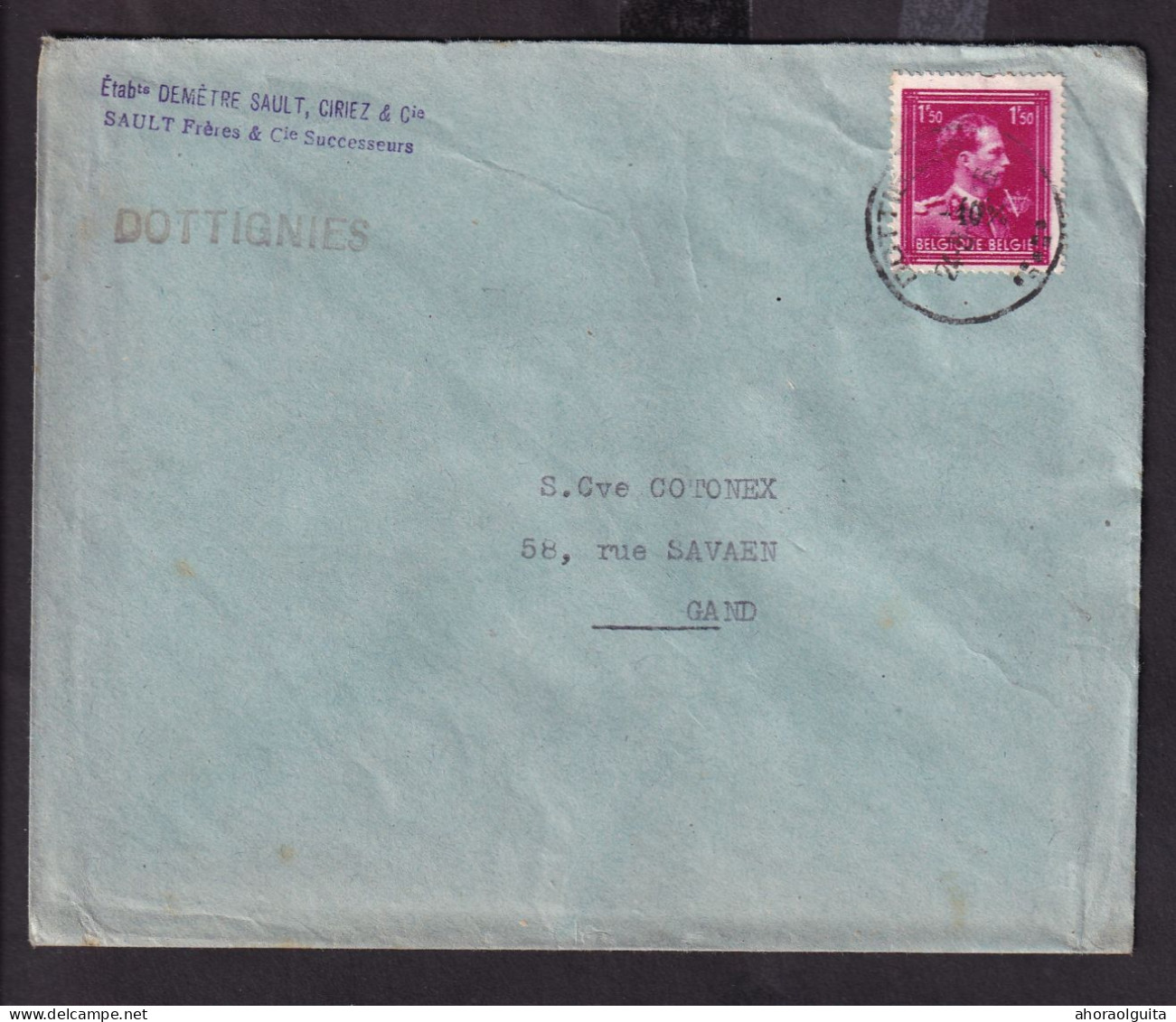 DDFF 279 -- Enveloppe TP Surcharge Typo Moins 10 % DOTTIGNIES 1946 - Cachet Sault Frères § Cie - 1946 -10%